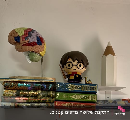 מדף עם ספרים, דמות צעצוע ועיפרון גדול